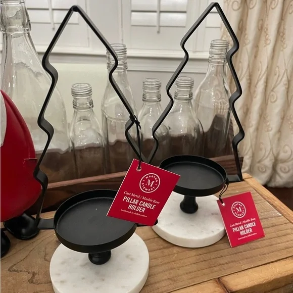 MARTHA STEWARTCHRISTMAS BLACK METAL/MARBLE TREE PILLAR CANDLE HOLDERS